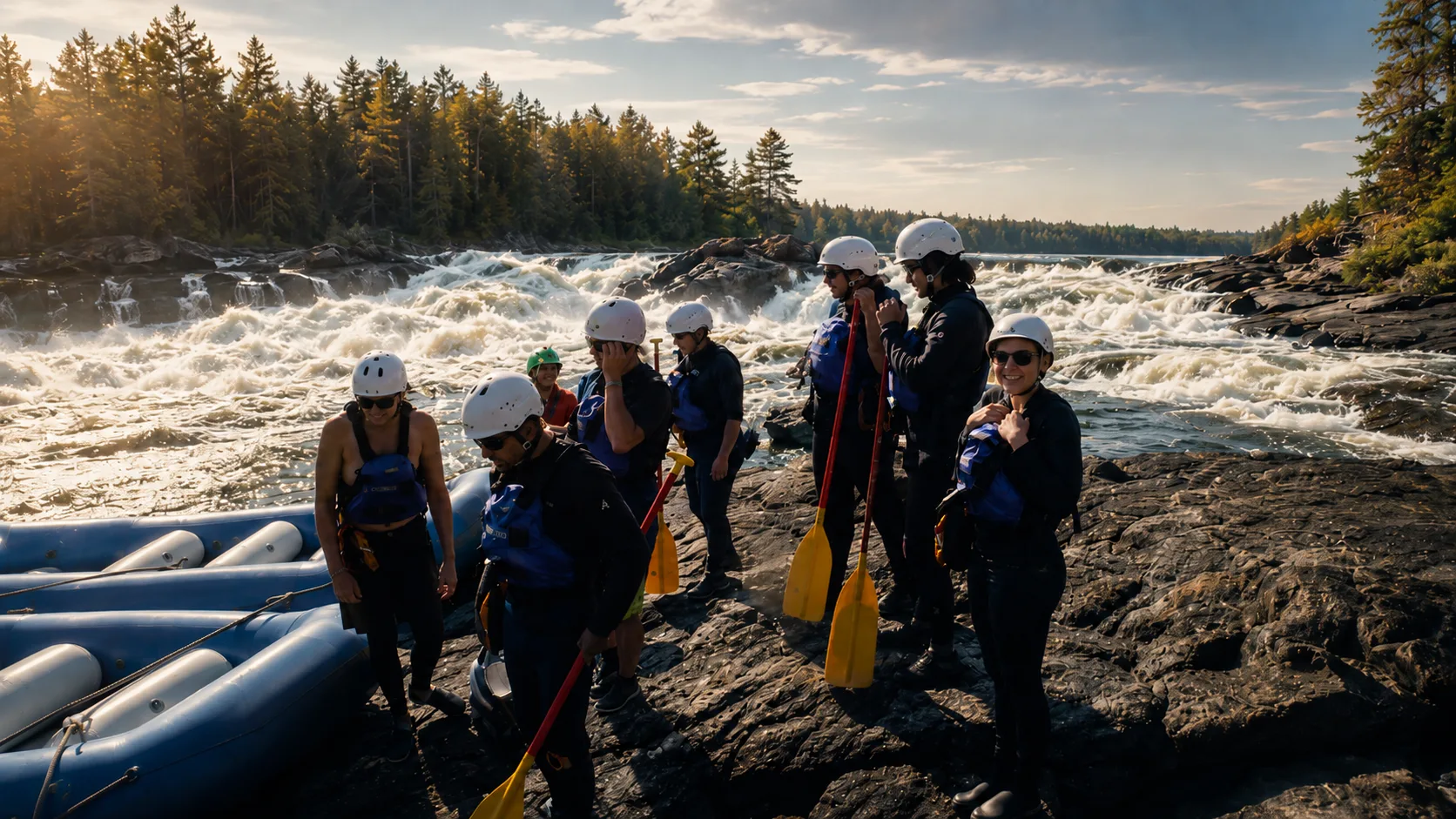 A group of NBWSR trainees with paddles and helmets beside a rushing northern river