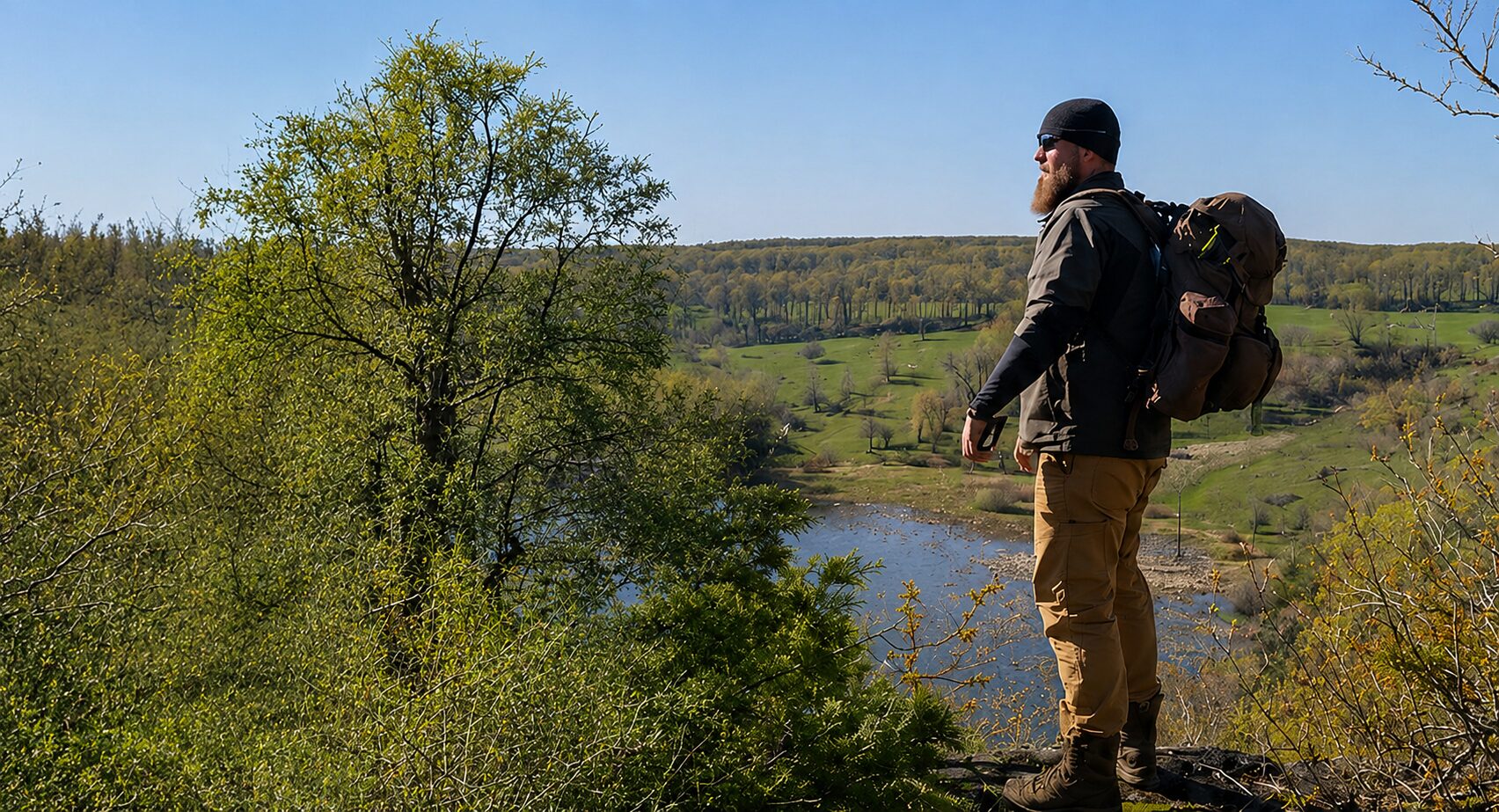 A solo bushcraft practitioner on a high overlook surveys a wide Canadian forest valley in late autumn light